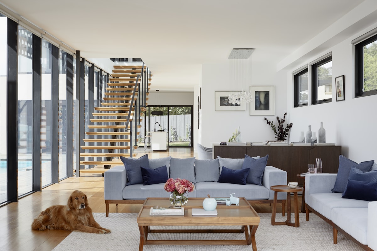 Bright open-plan living space with staircase